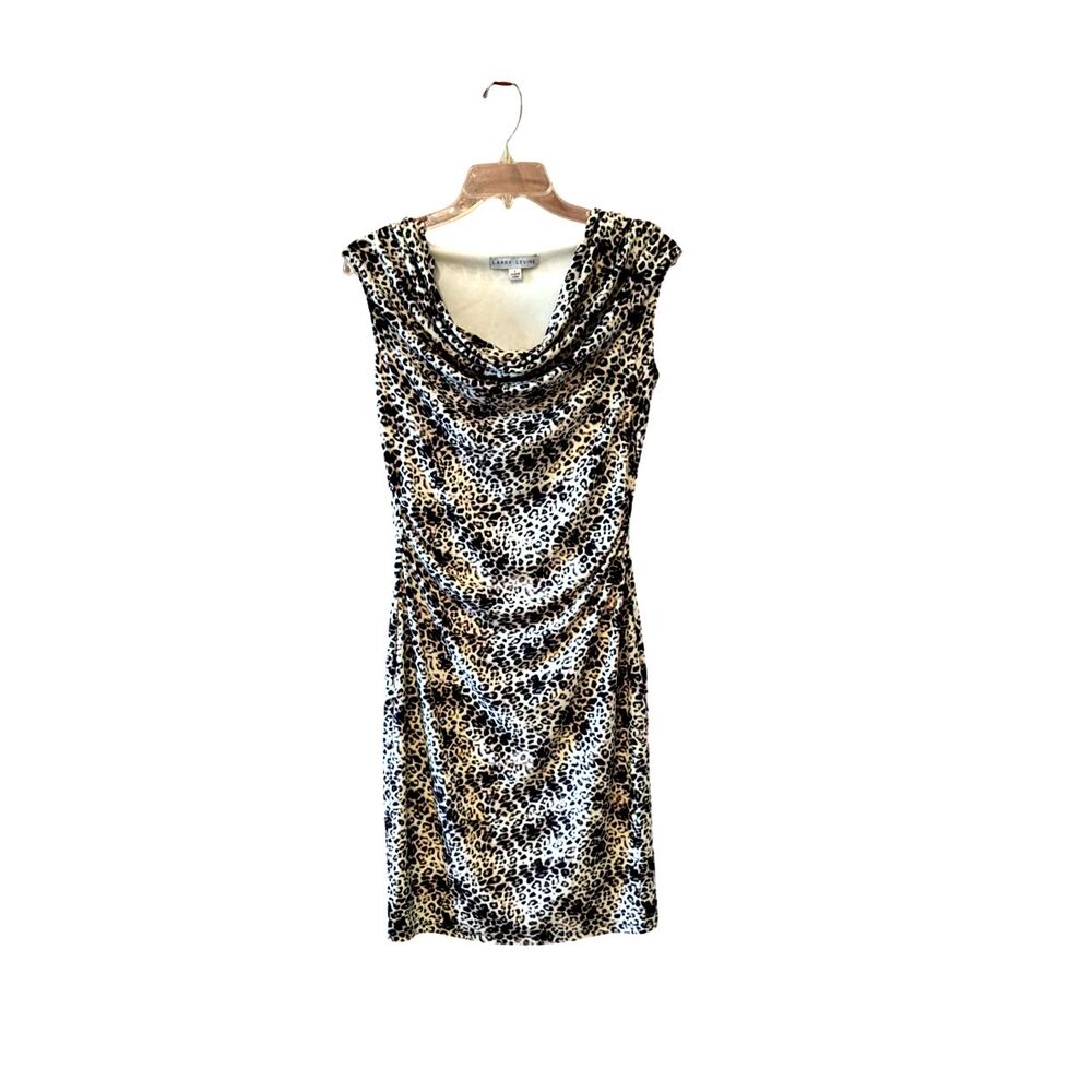 Larry Levine Dress Animal Print Sleeveless Sheath Ruching Sz S Mob Wife Coquette